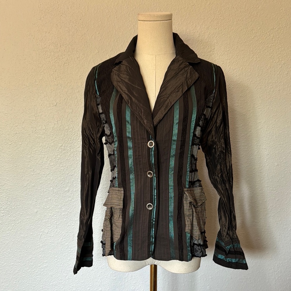 NWOT Lan Vie Striped Brown & Turquoise Crinkle Jacket size 4